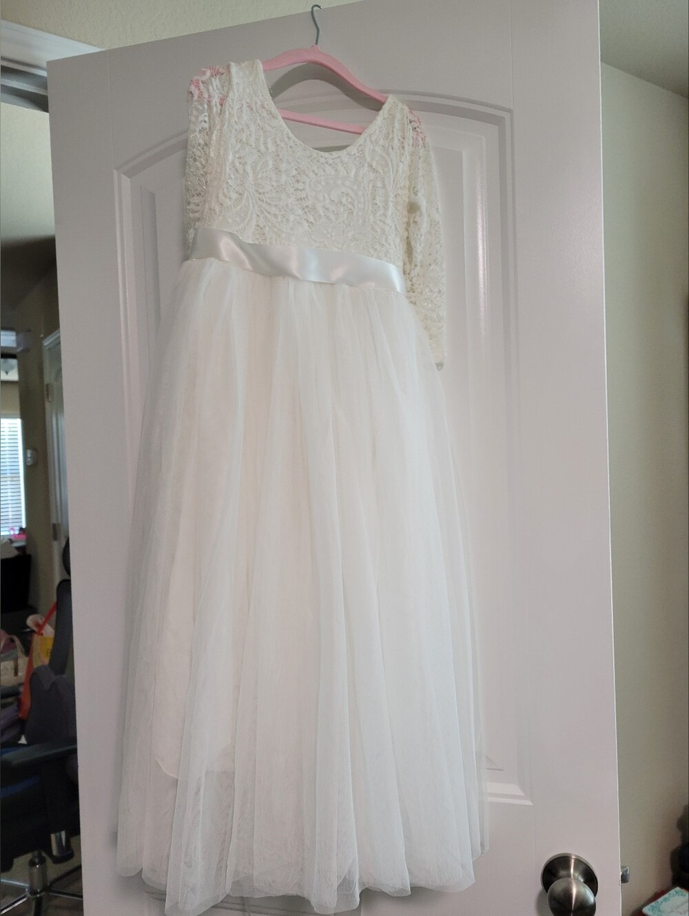 White Lace & Tulle Flower Girl Dress with Satin Waistband
